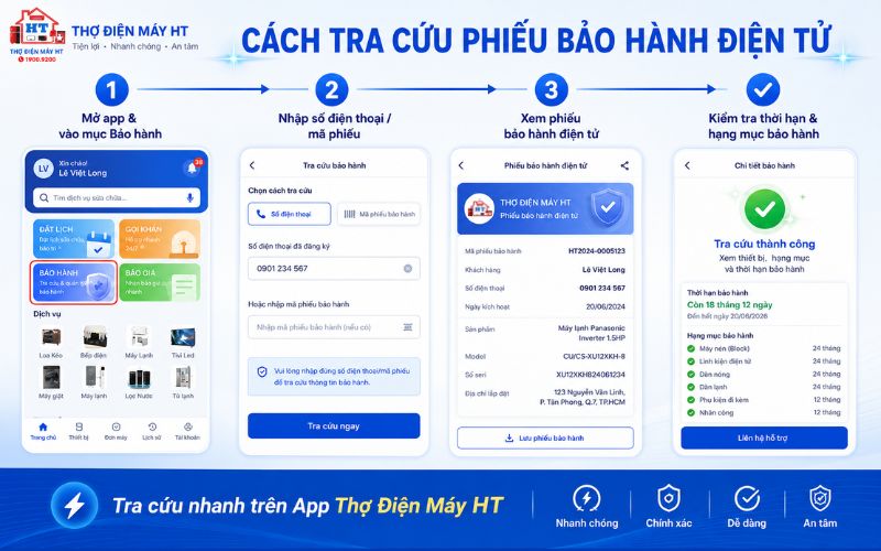 Tra cứu bảo hành điện tử trên app Thợ Điện Máy HT nhanh chóng.