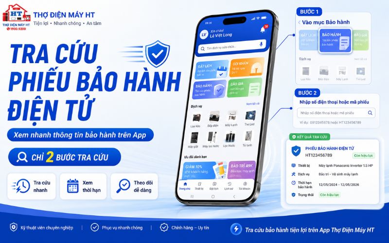 Tra cứu bảo hành điện tử trên app Thợ Điện Máy HT nhanh chóng.