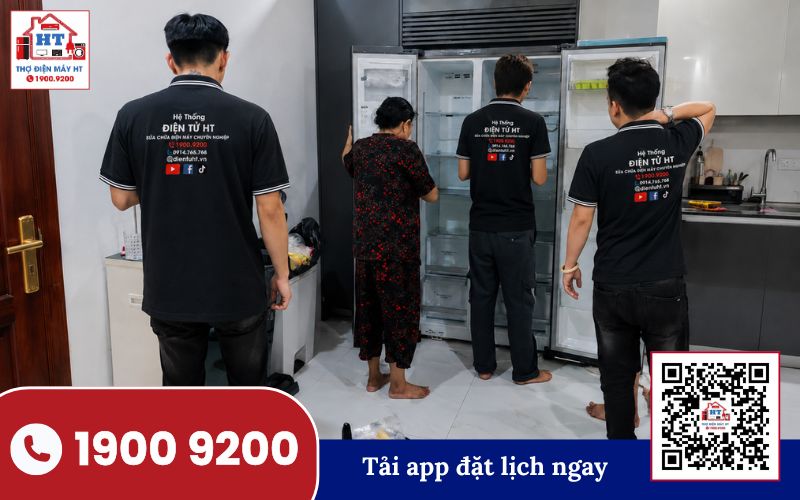 Sửa tủ lạnh tại nhà Nghệ An chuyên nghiệp Kỹ thuật viên Điện Tử HT kiểm tra tủ lạnh tại nhà khách hàng ở Nghệ An