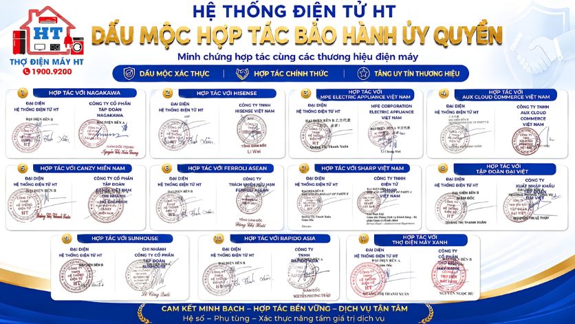 Dấu mộc hợp tác bảo hành với các thương hiệu điện máy trên toàn quốc