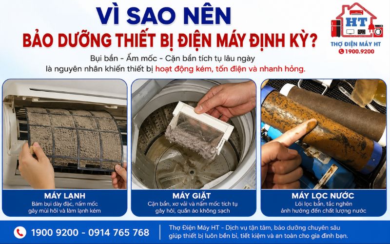 Bụi bẩn tích tụ lâu ngày chưa vệ sinh ở các thiết bị máy giặt, máy lạnh, máy lọc nước.