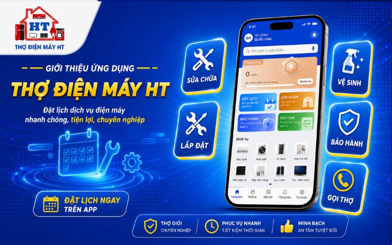 App Thợ Điện Máy HT hỗ trợ đặt lịch sửa máy hút mùi Giao diện App Thợ Điện Máy HT giúp khách hàng gửi yêu cầu sửa máy hút mùi tại Đà Lạt