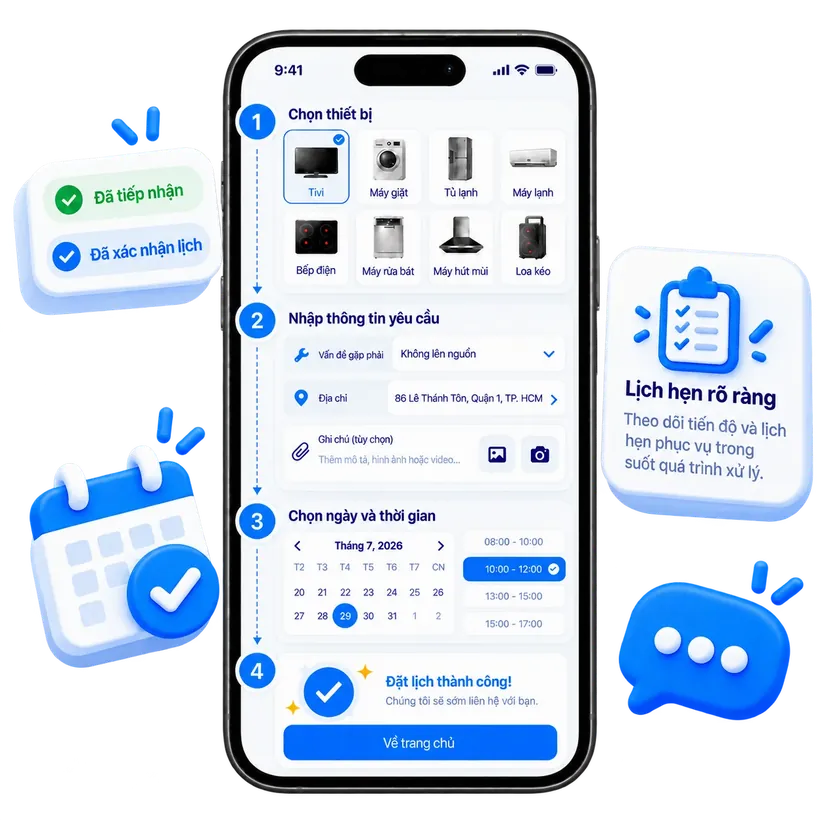 Màn hình đặt lịch và nhập thông tin yêu cầu